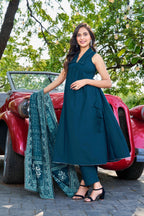 Stylish Teal Green Cotton Kurta Set with Printed Dupatta