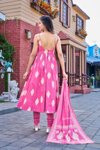 Vibrant Pink Cotton Printed Kurta Set with Churidar and Dupatta