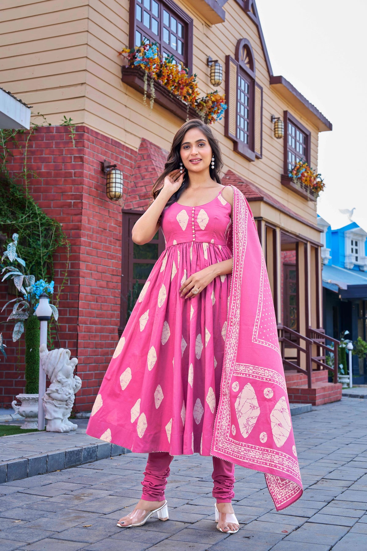 Vibrant Pink Cotton Printed Kurta Set with Churidar and Dupatta