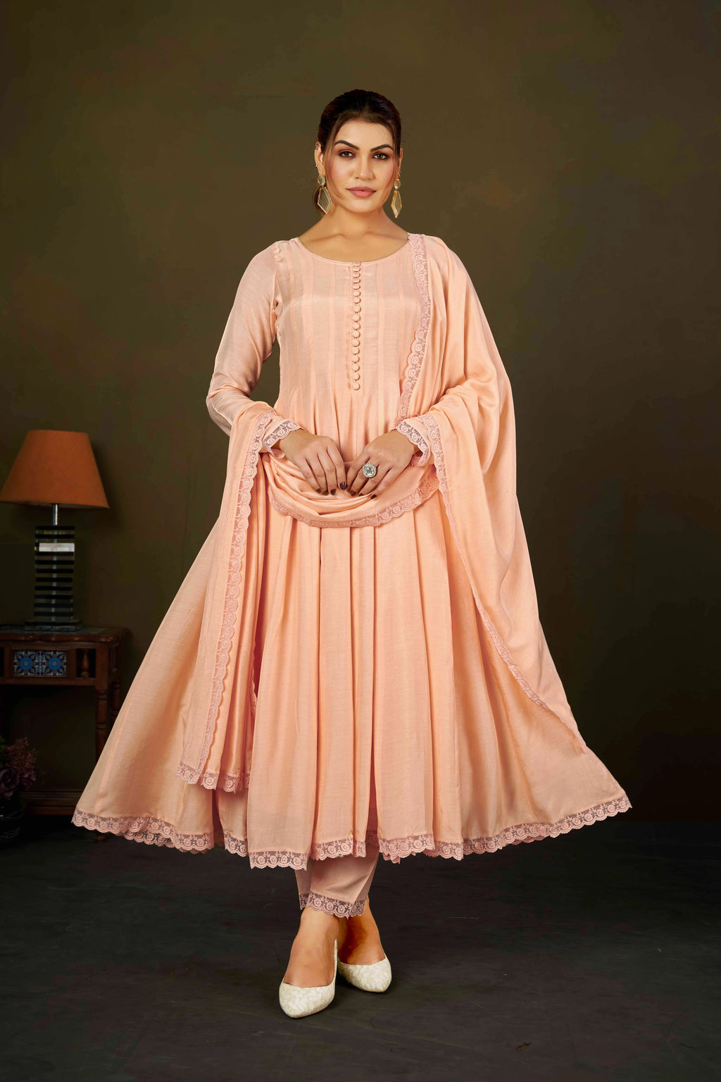 Elegant Peach Muslin Cotton Anarkali Kurta Set with Dupatta