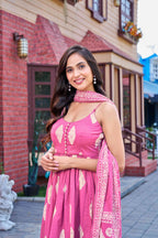Vibrant Pink Cotton Printed Kurta Set with Churidar and Dupatta