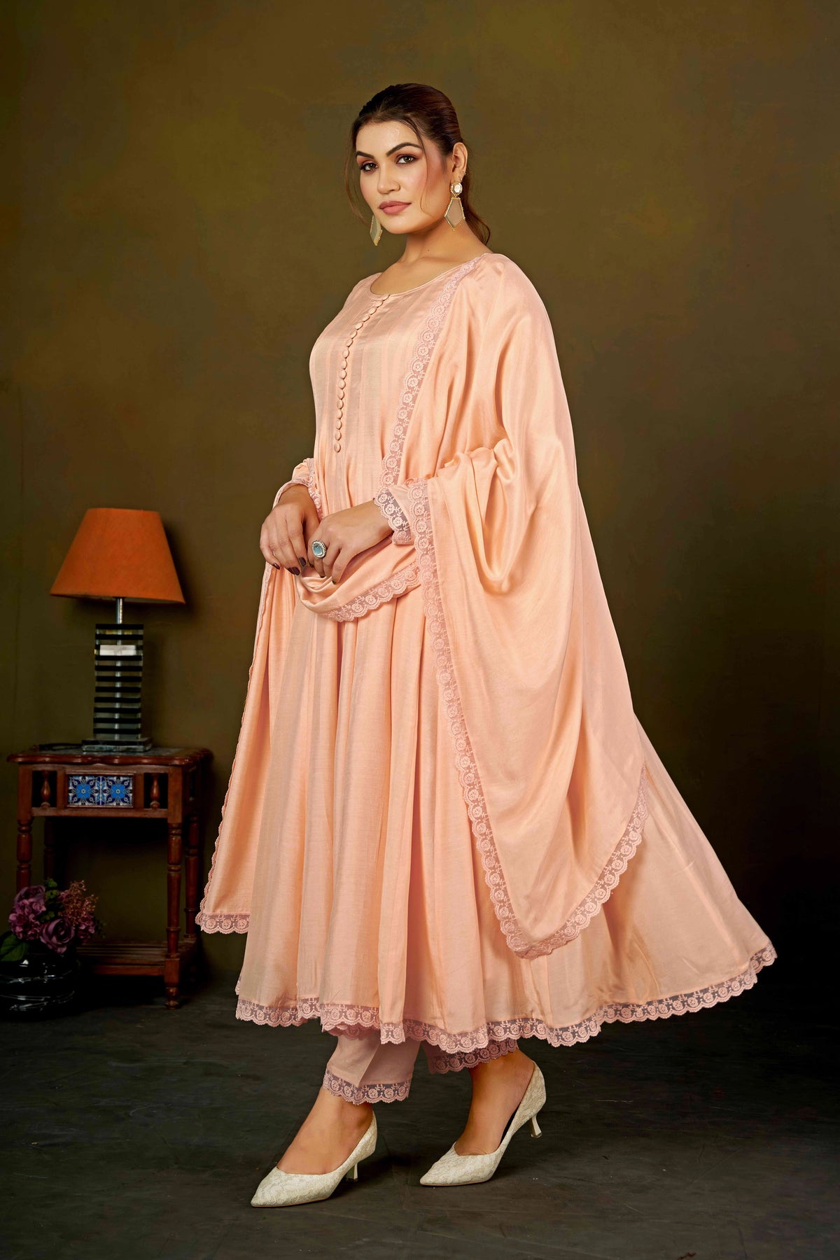 Elegant Peach Muslin Cotton Anarkali Kurta Set with Dupatta