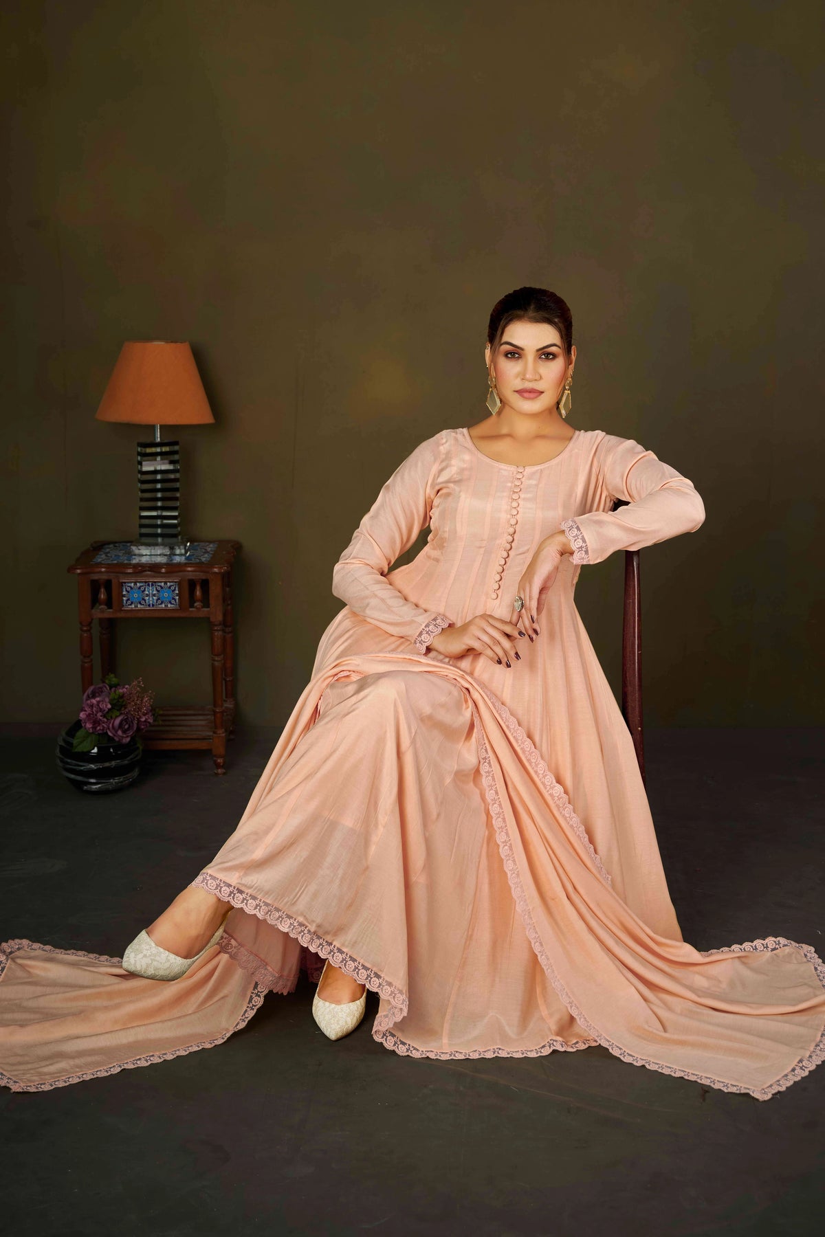 Elegant Peach Muslin Cotton Anarkali Kurta Set with Dupatta