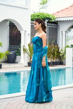 Fandy Print Silk Corset Lehenga Set – Petrol Blue