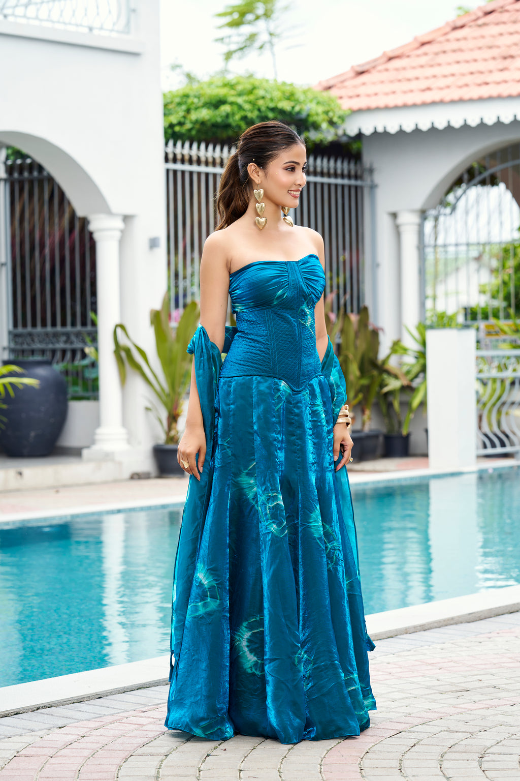 Fandy Print Silk Corset Lehenga Set – Petrol Blue