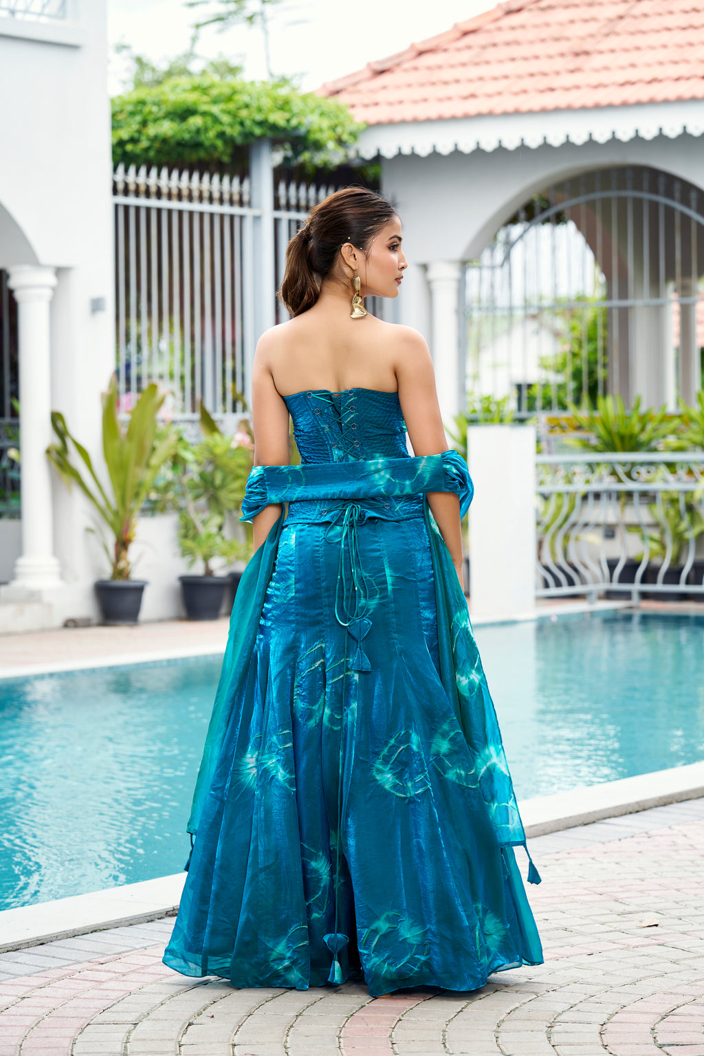Fandy Print Silk Corset Lehenga Set – Petrol Blue