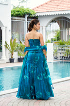 Fandy Print Silk Corset Lehenga Set – Petrol Blue