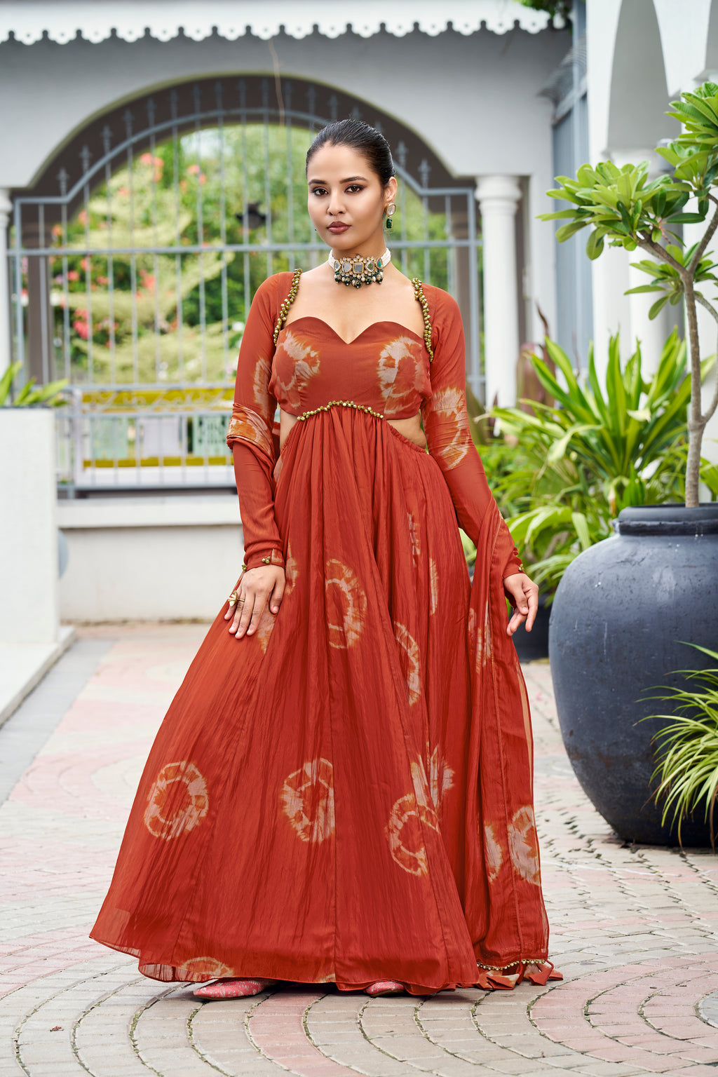 Premium Silk Printed Anarkali Set – Rust