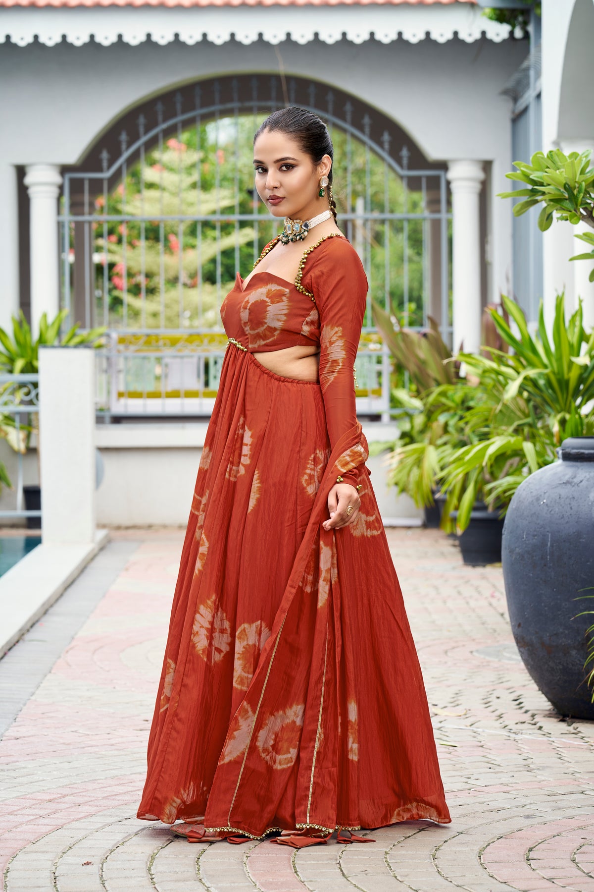 Premium Silk Printed Anarkali Set – Rust