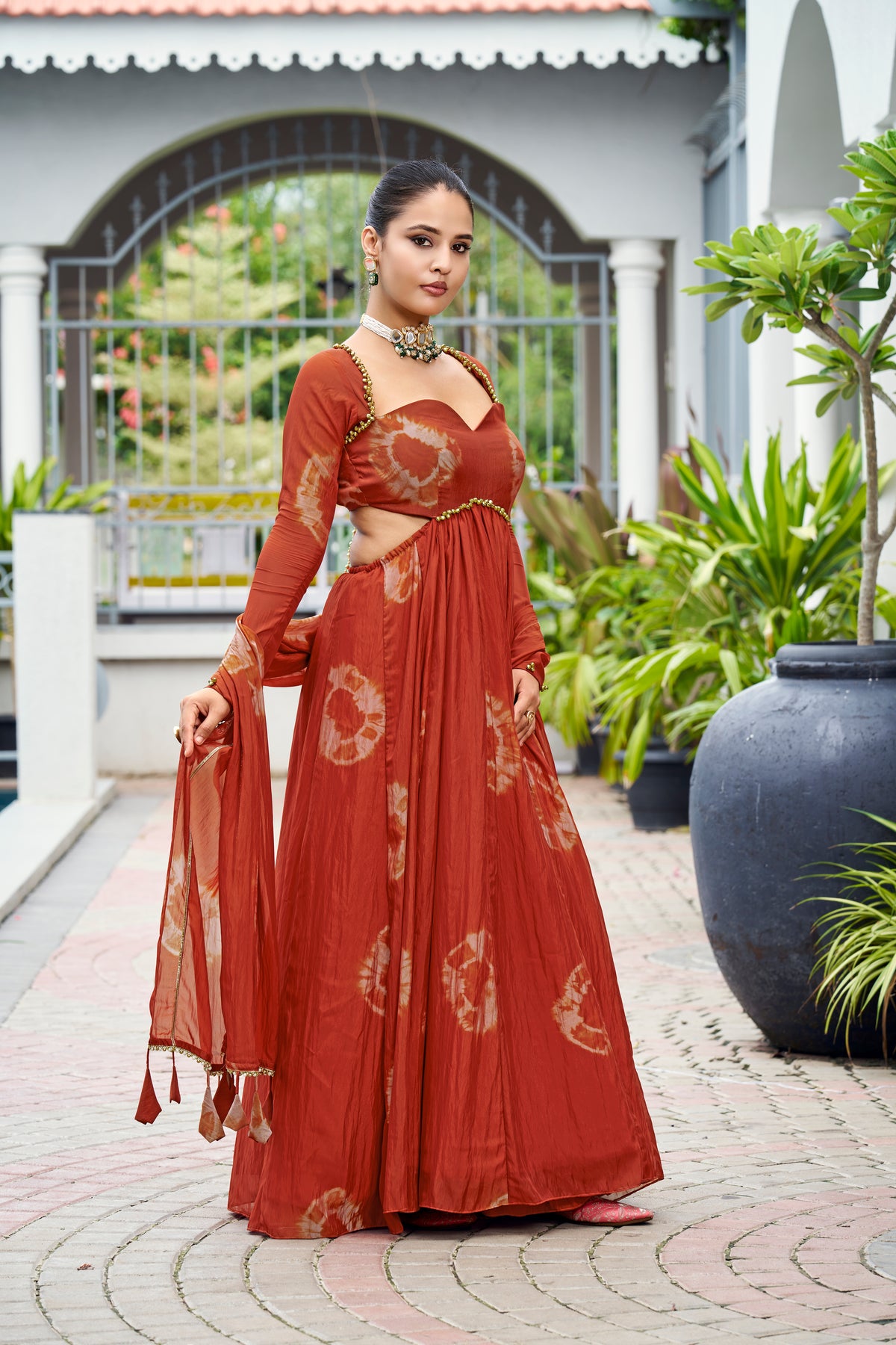 Premium Silk Printed Anarkali Set – Rust