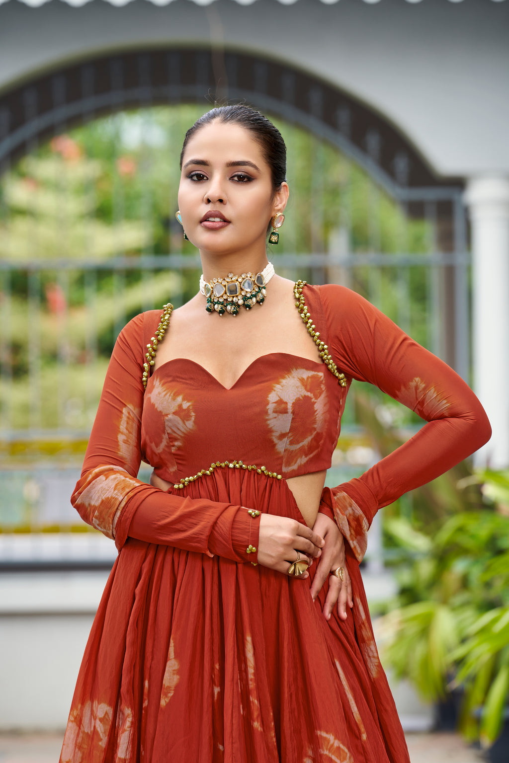 Premium Silk Printed Anarkali Set – Rust