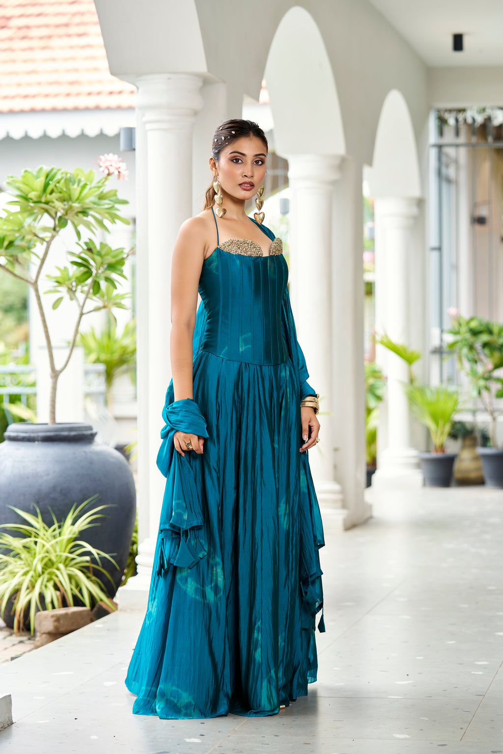 Premium Silk Corset Lehenga Set – Petrol Blue