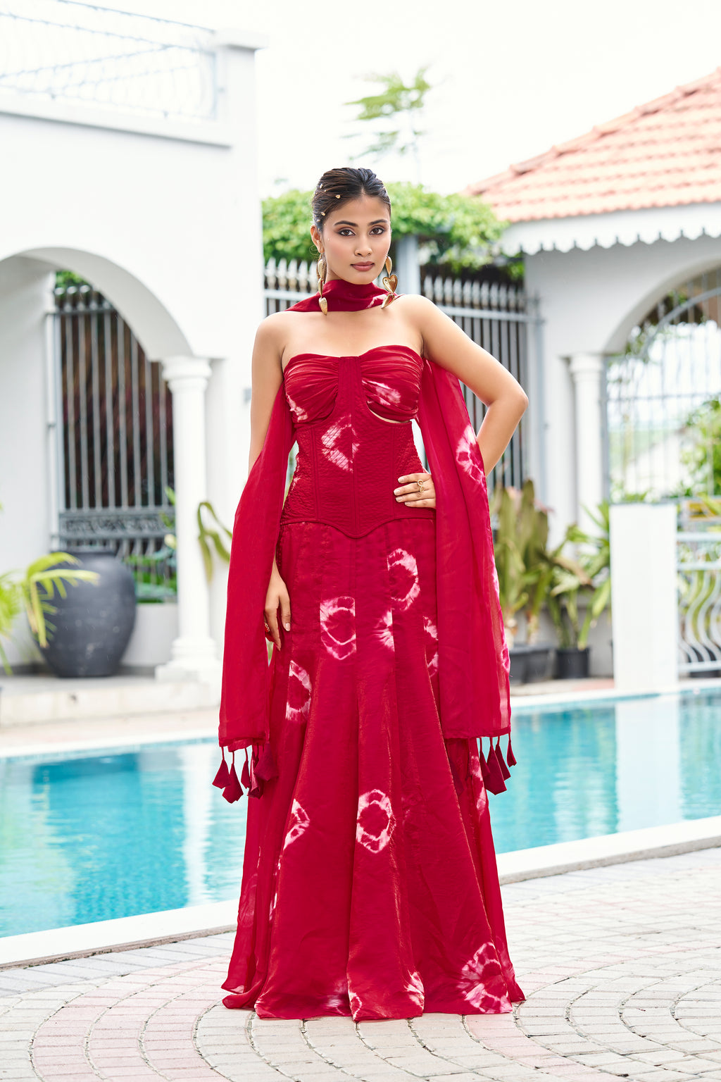 Fandy Print Silk Corset Lehenga Set – Cherry Red