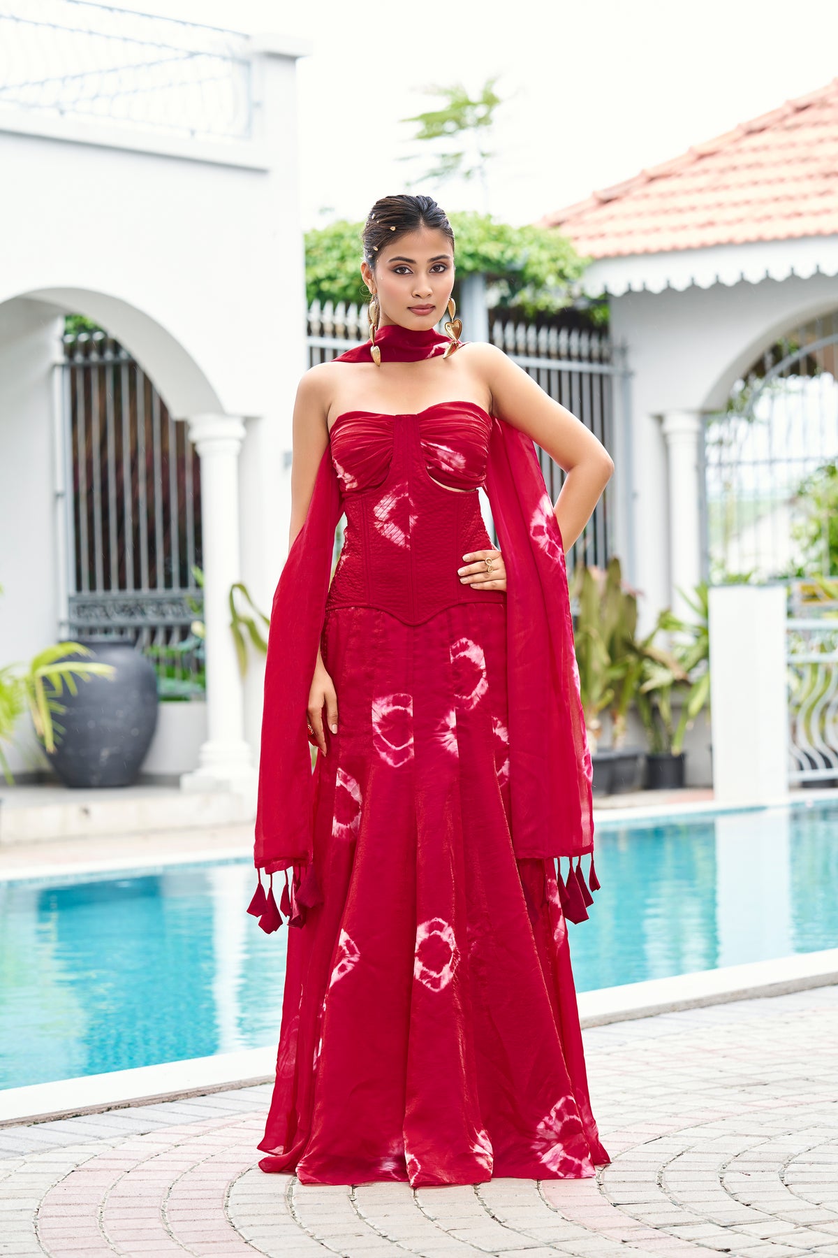 Fandy Print Silk Corset Lehenga Set – Cherry Red
