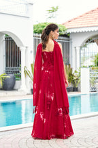 Fandy Print Silk Corset Lehenga Set – Cherry Red