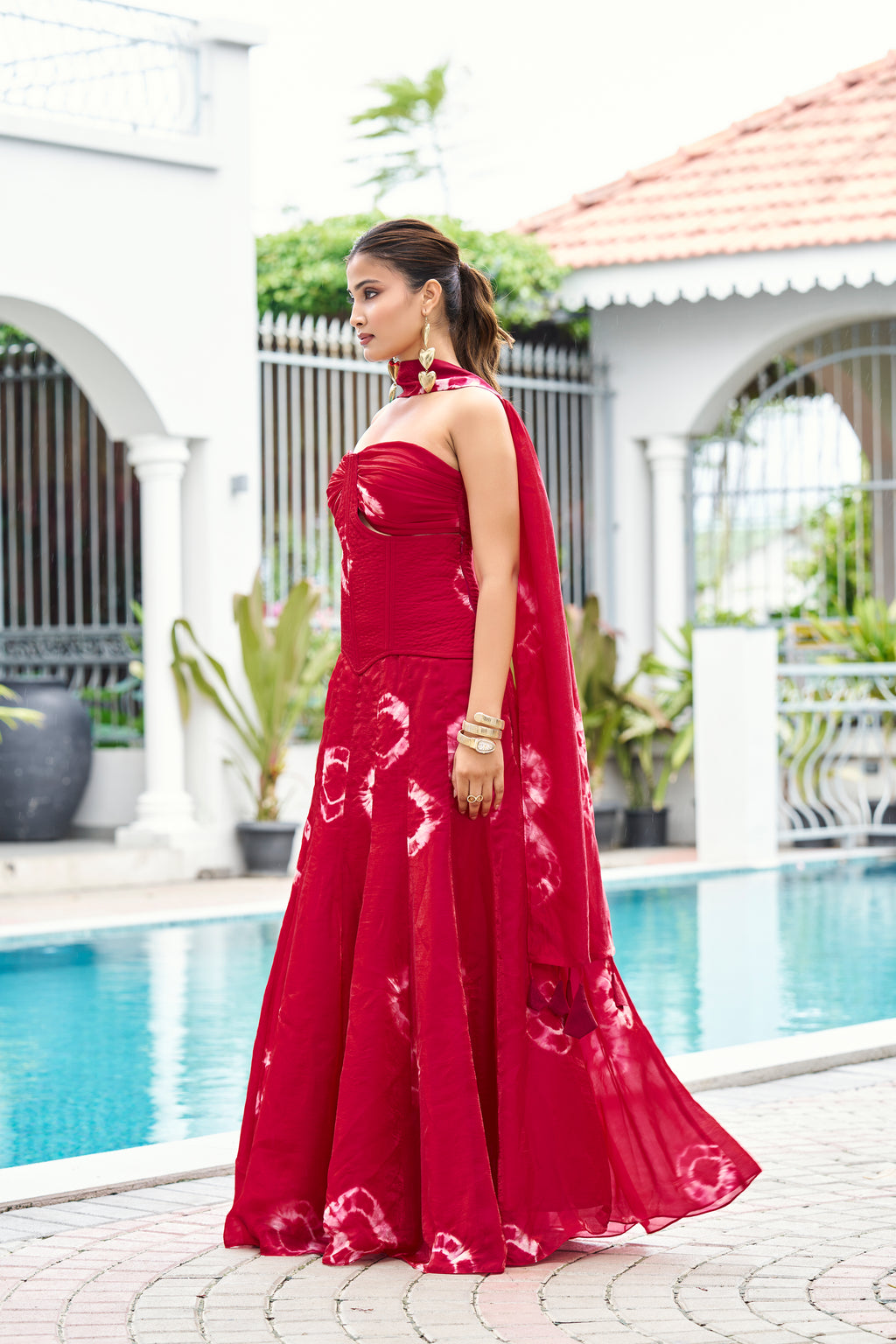 Fandy Print Silk Corset Lehenga Set – Cherry Red
