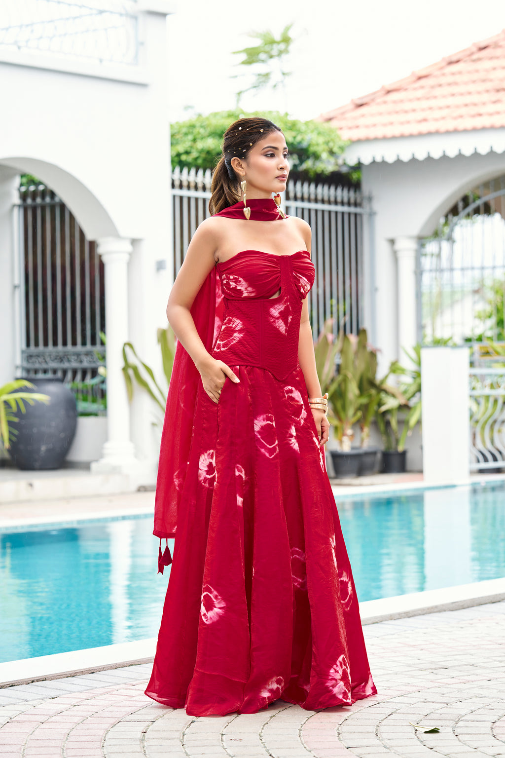 Fandy Print Silk Corset Lehenga Set – Cherry Red