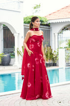 Fandy Print Silk Corset Lehenga Set – Cherry Red