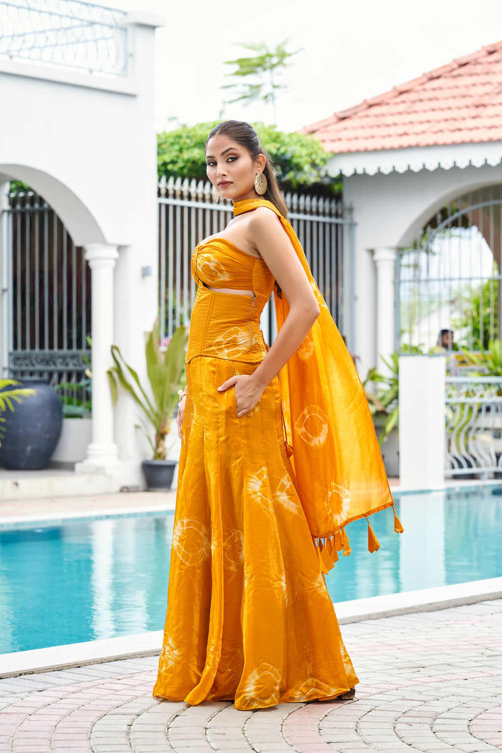 Fandy Print Silk Corset Lehenga Set – Mustard