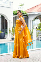 Fandy Print Silk Corset Lehenga Set – Mustard