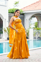 Fandy Print Silk Corset Lehenga Set – Mustard