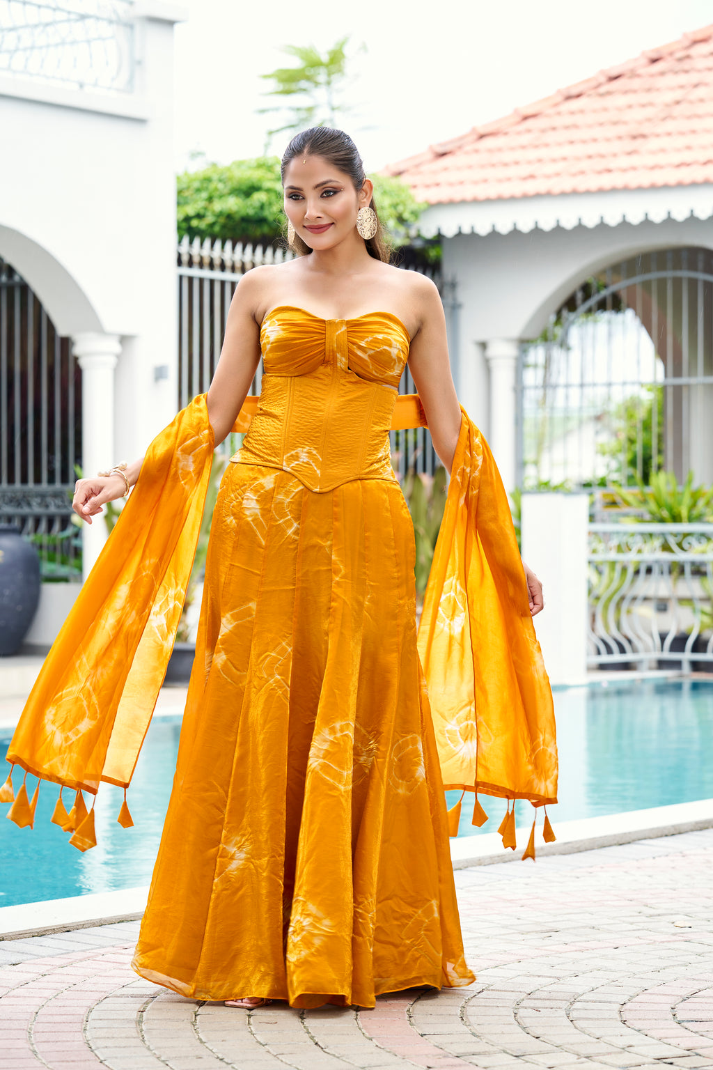 Fandy Print Silk Corset Lehenga Set – Mustard