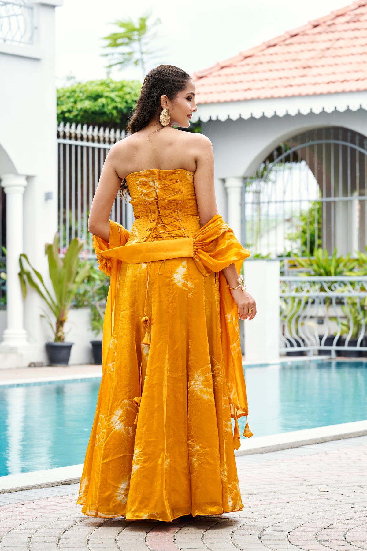 Fandy Print Silk Corset Lehenga Set – Mustard