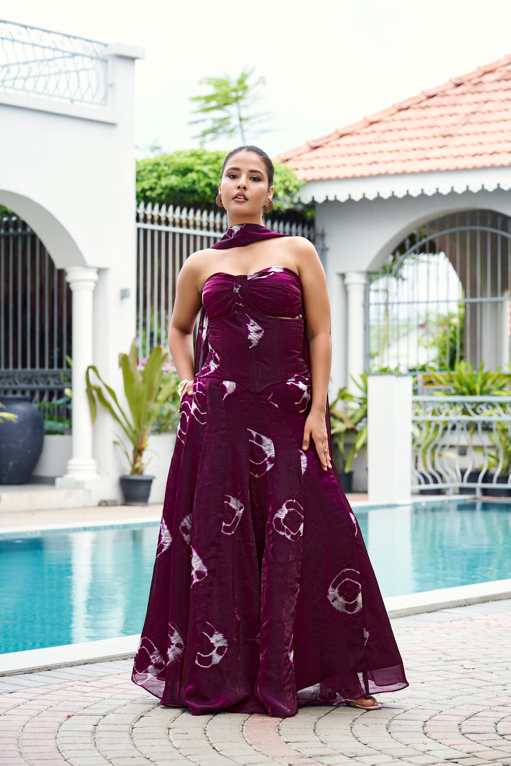 Fandy Print Silk Corset Lehenga Set – Wine
