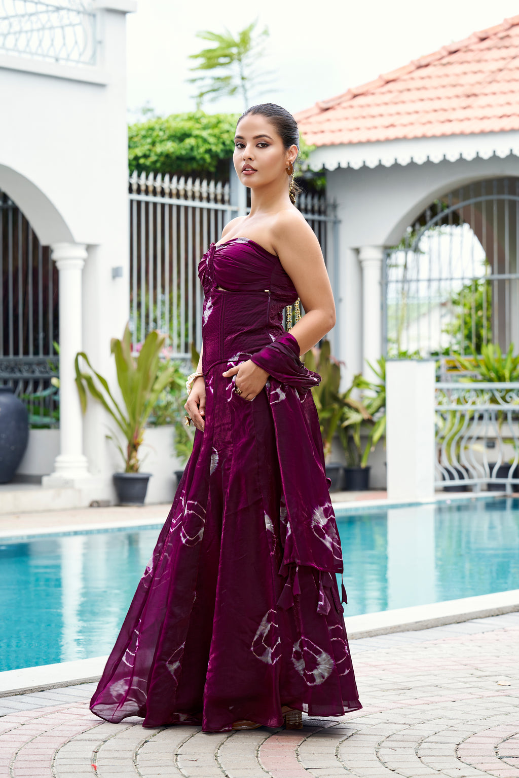 Fandy Print Silk Corset Lehenga Set – Wine