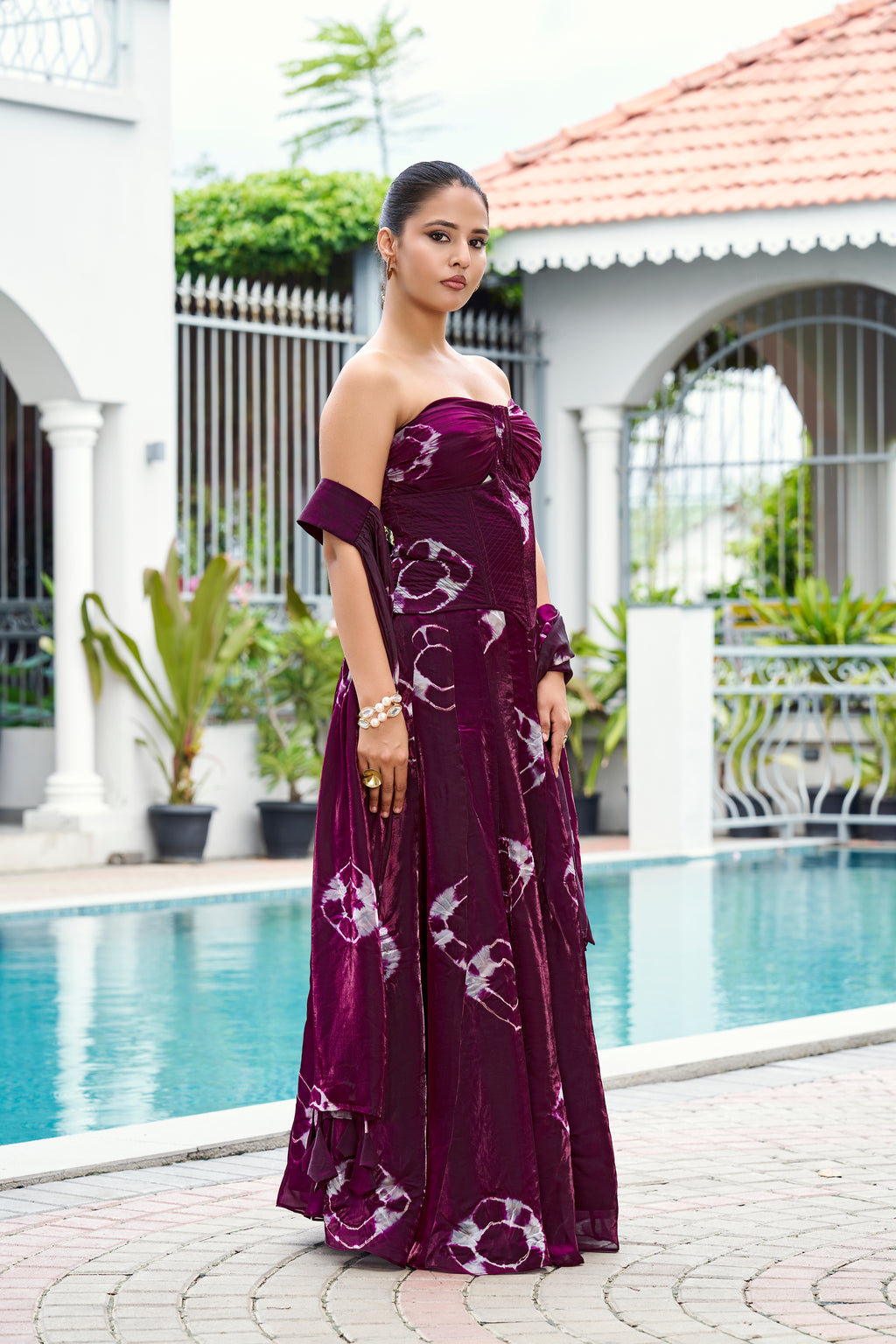 Fandy Print Silk Corset Lehenga Set – Wine