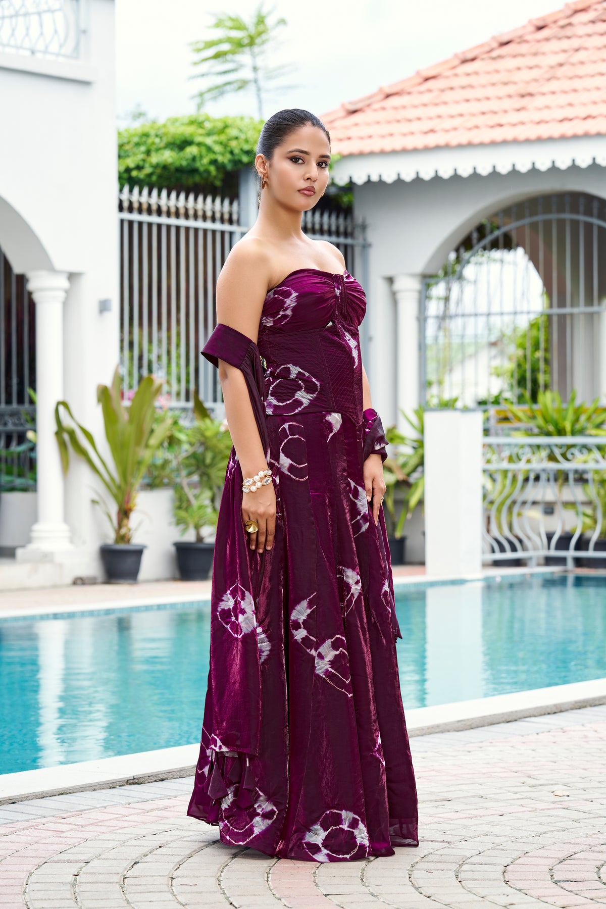 Fandy Print Silk Corset Lehenga Set – Wine